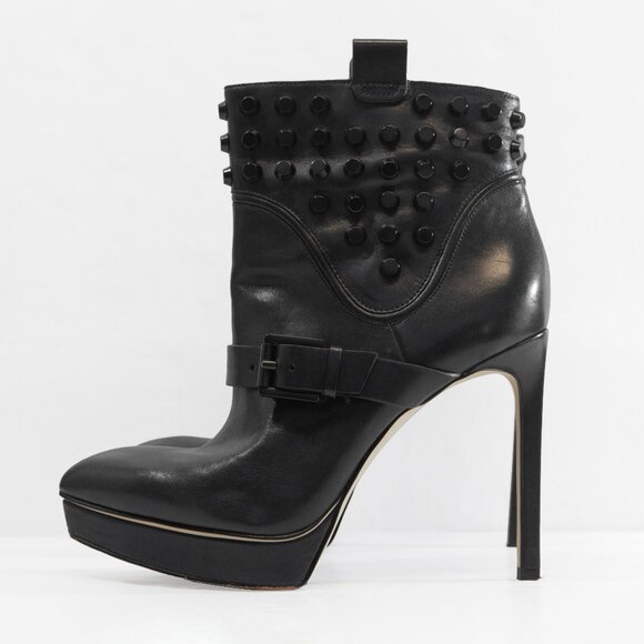 Michael Kors Black Leather Stiletto Bootie Goth Studded Pull On Biker Ankle Boot - Picture 3 of 16